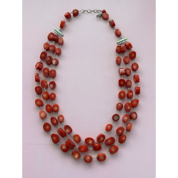 Vintage 3-Strand Red Coral Beaded Necklace With Silver-Tone Clasps 20 Inches Lon - Picture 4 of 5